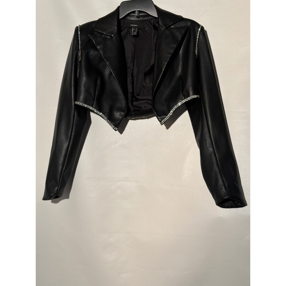 Forever 21 Faux Leather Cropped Jacket S Black Rhinestone Trim Open Front